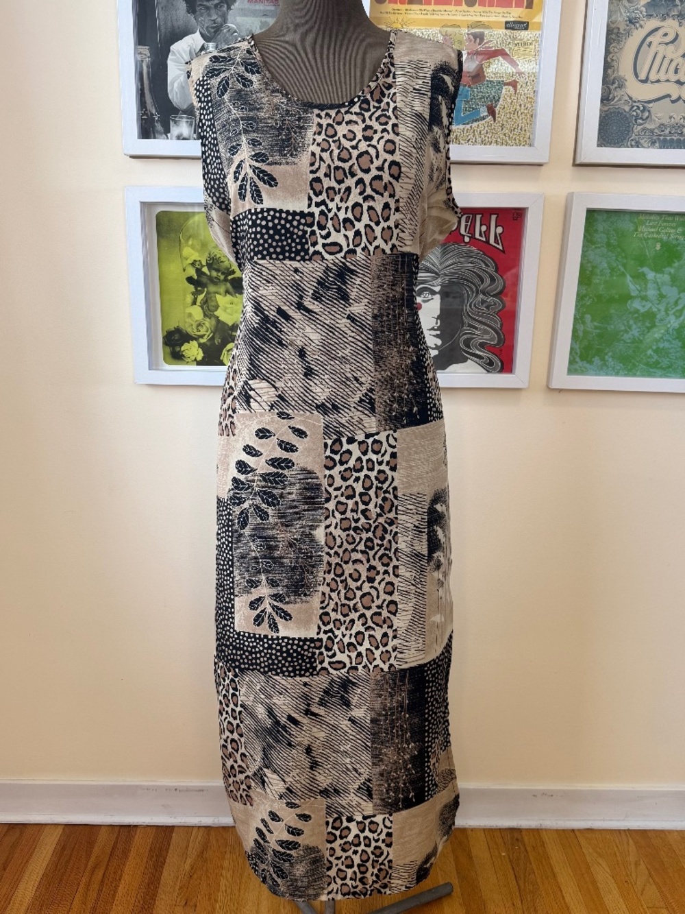 VINTAGE 90s ABSTRACT ANIMAL PRINT MAXI DRESS • 90s SAFARI BOHO COLUMN DRESS